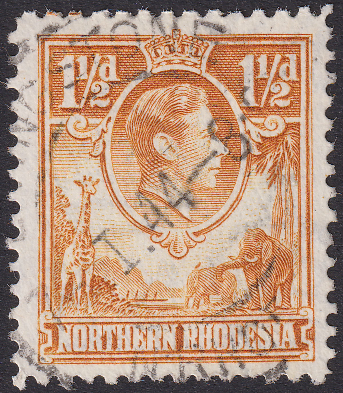 Northern Rhodesia 1941 KGVI 1½d Yel-Brn Tick Bird Flaw Variety Used SG30b cat£75