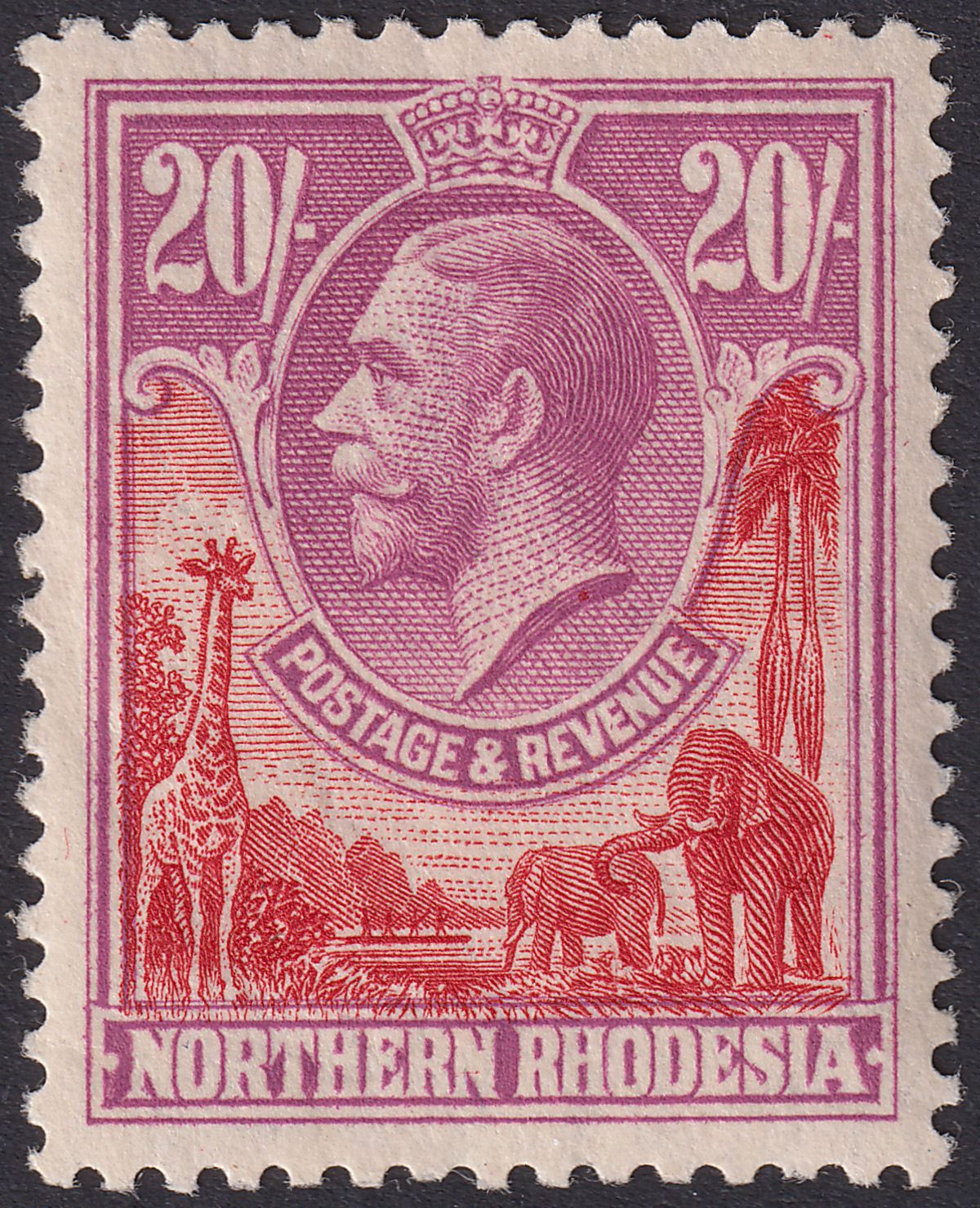 Northern Rhodesia 1925 KGV 20sh Carmine-Red and Rose-Purple Mint SG17 cat £375