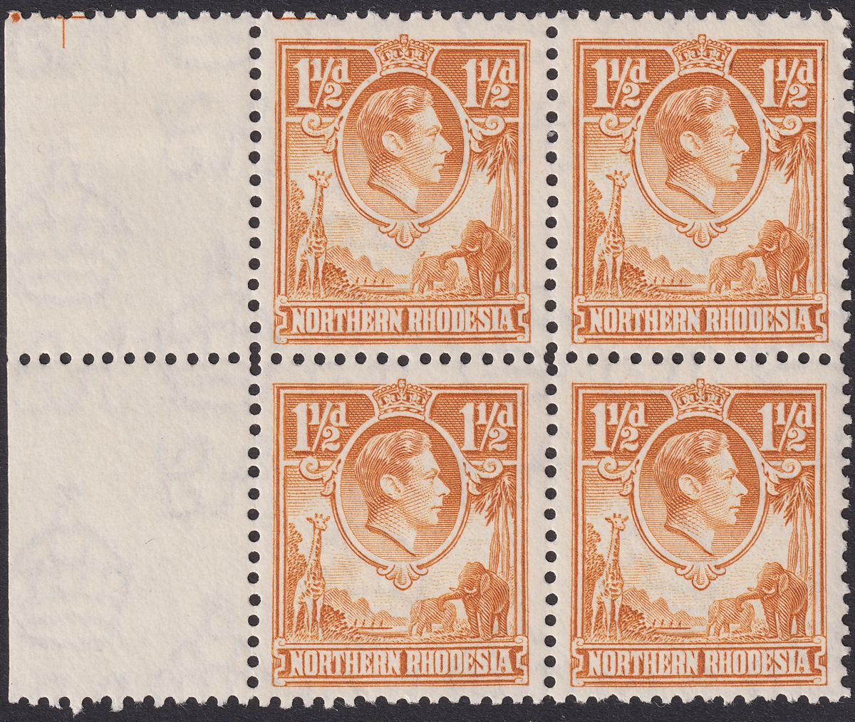 Northern Rhodesia 1941 KGVI 1½d Tick Bird Flaw Variety Block Mint SG30b cat £225