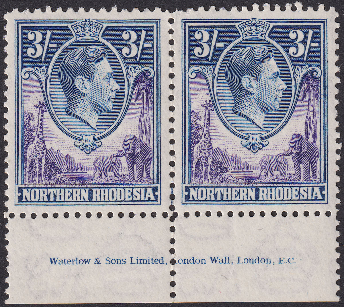 Northern Rhodesia 1938 KGVI 3sh Violet and Blue Imprint Pair Mint SG42 cat £60