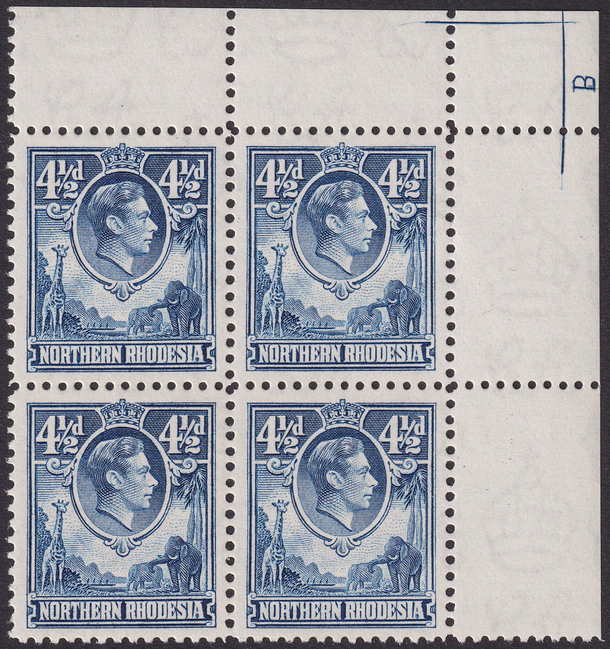 Northern Rhodesia 1938 KGVI 4½d Blue Plate B Corner Marginal Block 4 Mint SG37