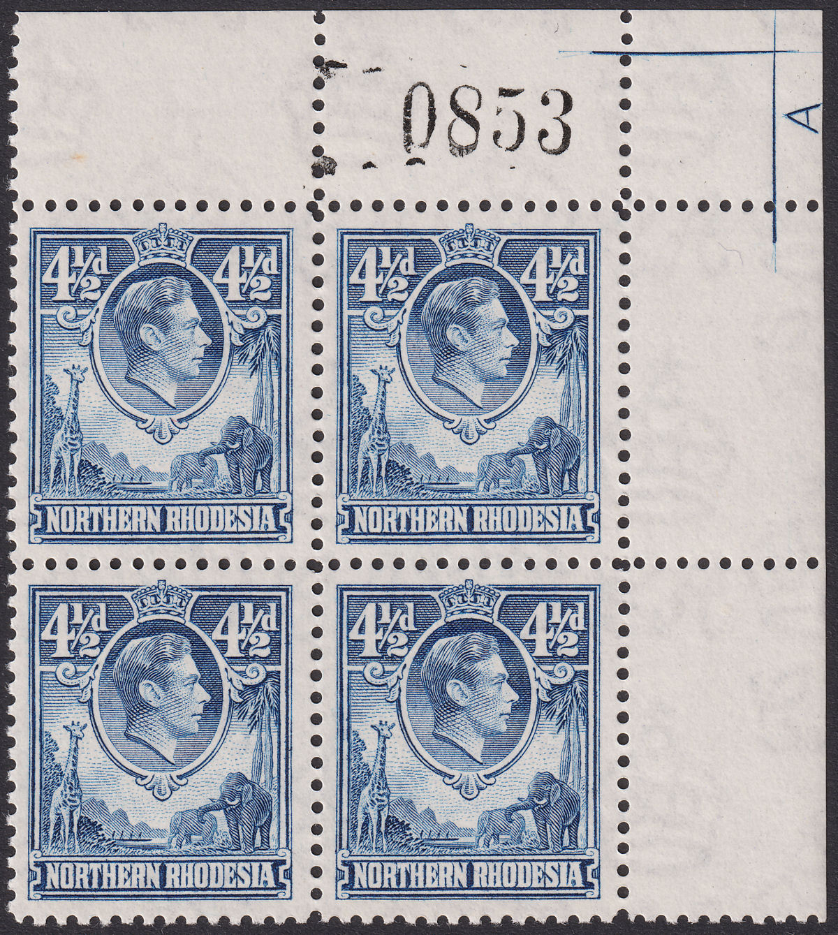 Northern Rhodesia 1938 KGVI 4½d Blue Plate A Corner Marginal Block 4 Mint SG37