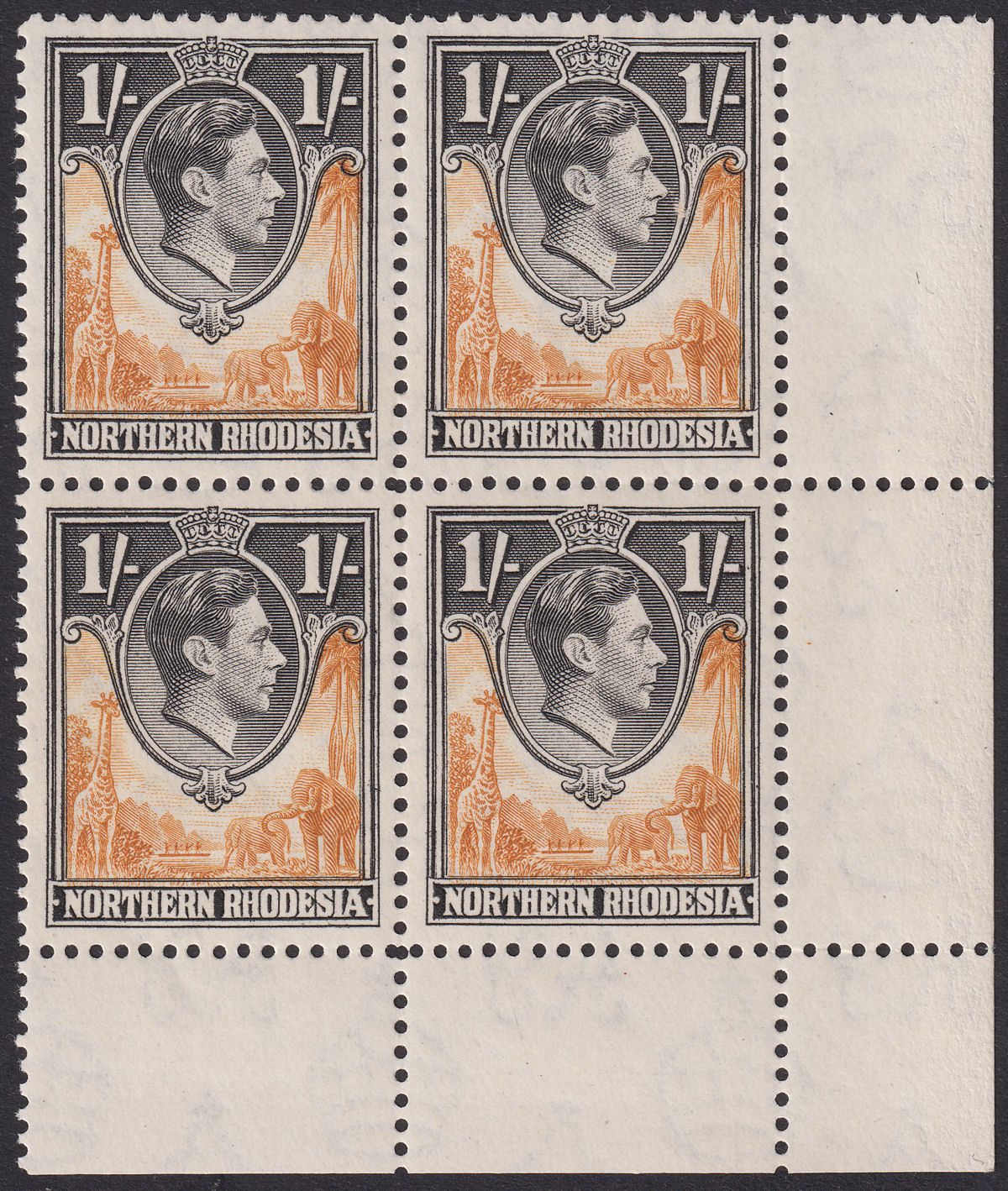 Northern Rhodesia 1938 KGVI 1sh Yel-Brown + Black No Plate Block of 4 Mint SG40