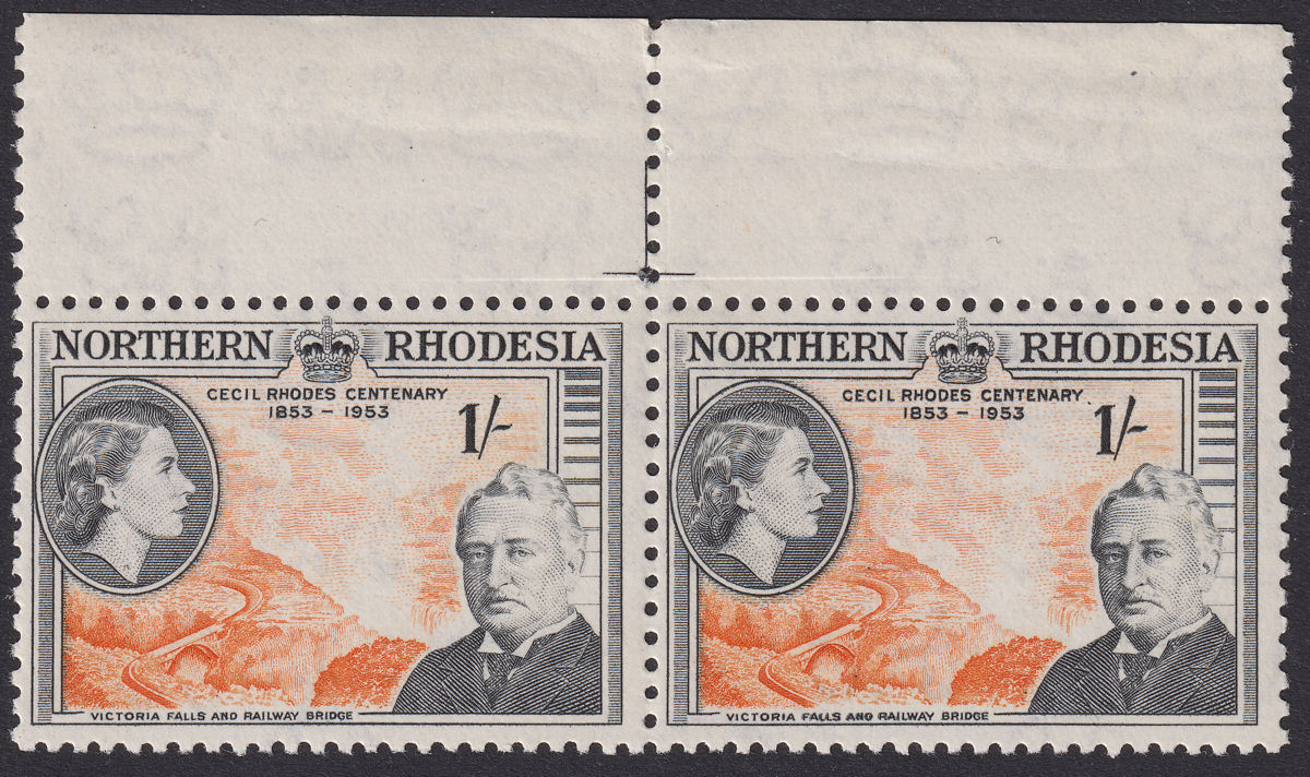 Northern Rhodesia 1953 QEII Rhodes 1sh with FALLS AND RAIL Re-entry Mint SG58var