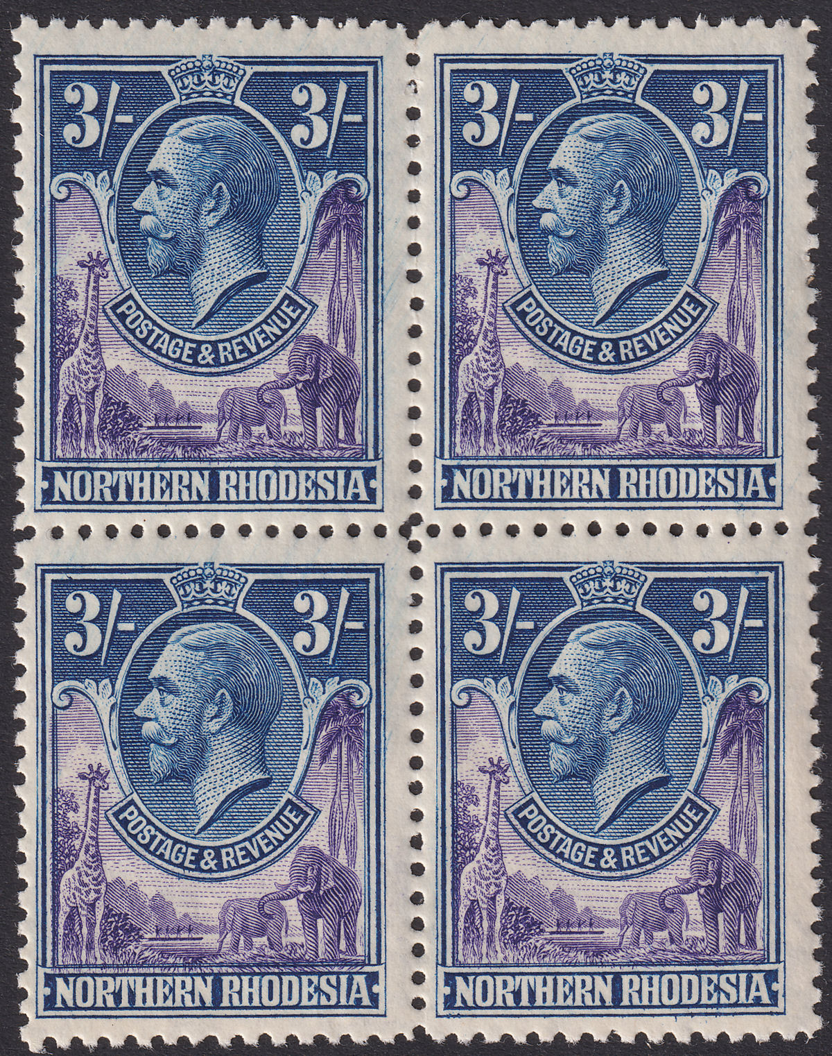 Northern Rhodesia 1929 KGV 3sh Violet and Blue Block of 4 Mint SG13 cat £200