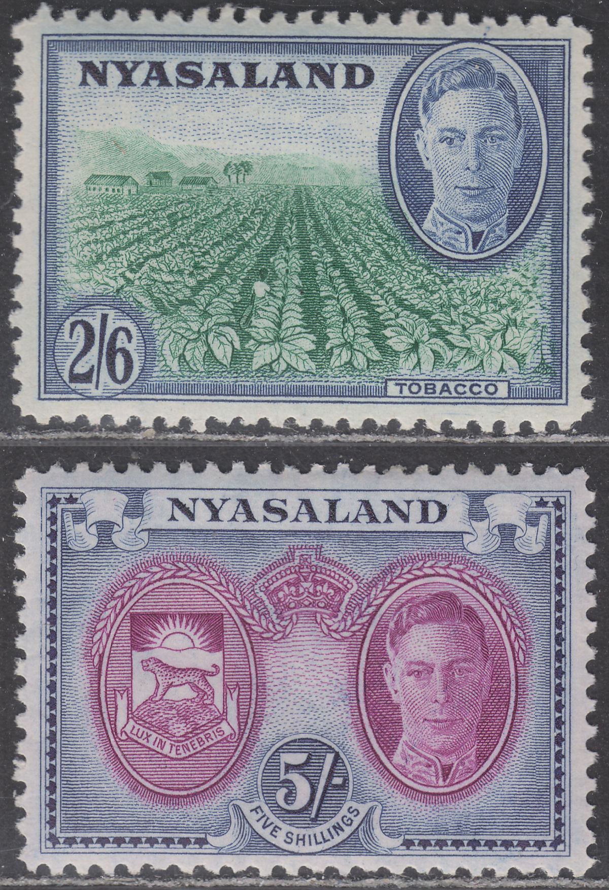 Nyasaland 1945 King George VI 2sh6d, 5sh Mint SG154-155