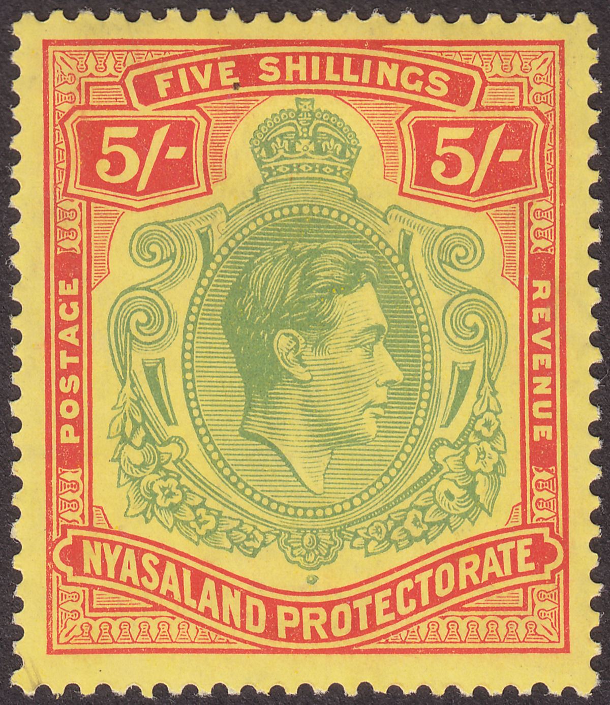 Nyasaland 1938 KGVI 5sh Pale Green and Red Chalky Paper Mint SG141 cat £55