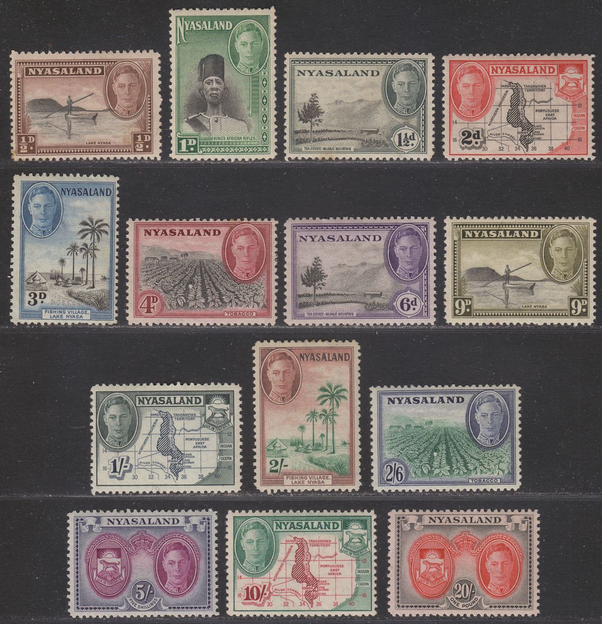 Nyasaland 1945 King George VI Set Mint SG144-157 cat £95 toning