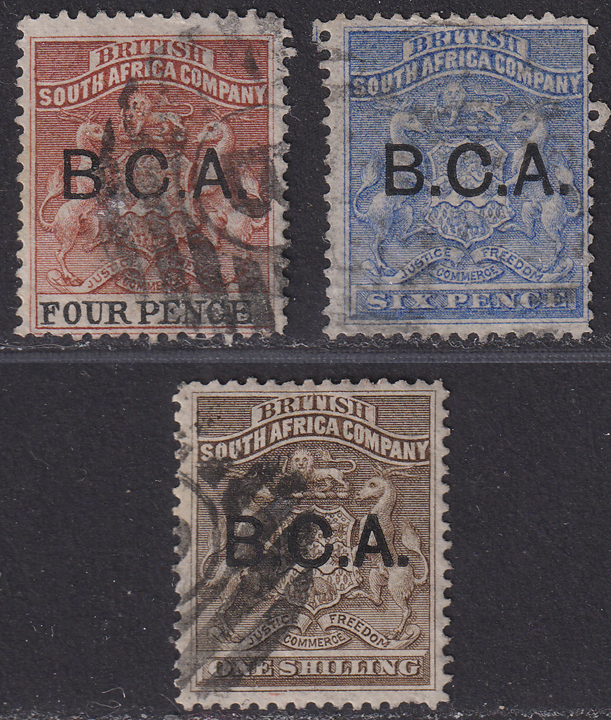 British Central Africa 1891 QV BCA Overprint on BSAC 4d, 6d, 1sh Used cat £54