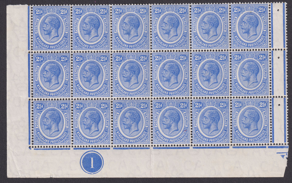 Nyasaland 1913 KGV 2½d Bright Blue Plate No Block of 18 UM Mint SG89 cat £49