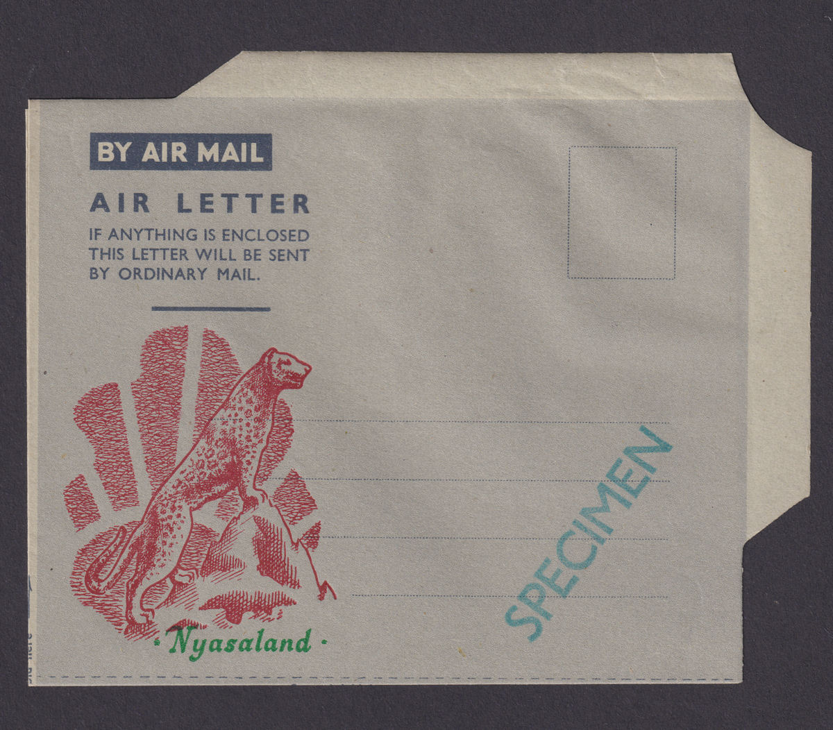 Nyasaland 1953 QEII SPECIMEN Leopard Illustrated Formula Air Letter Unused