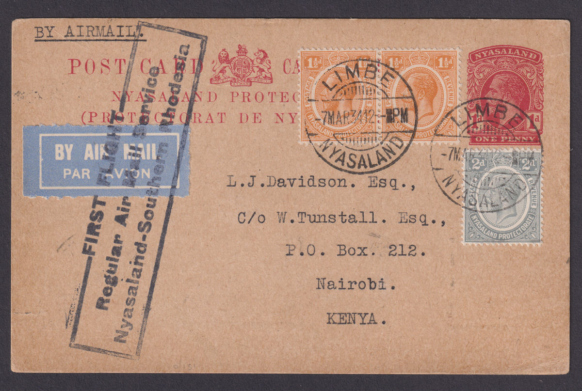 Nyasaland 1934 KGV 1½d x2 +2d Uprating 1d First Flight PS Postcard Airmail LIMBE