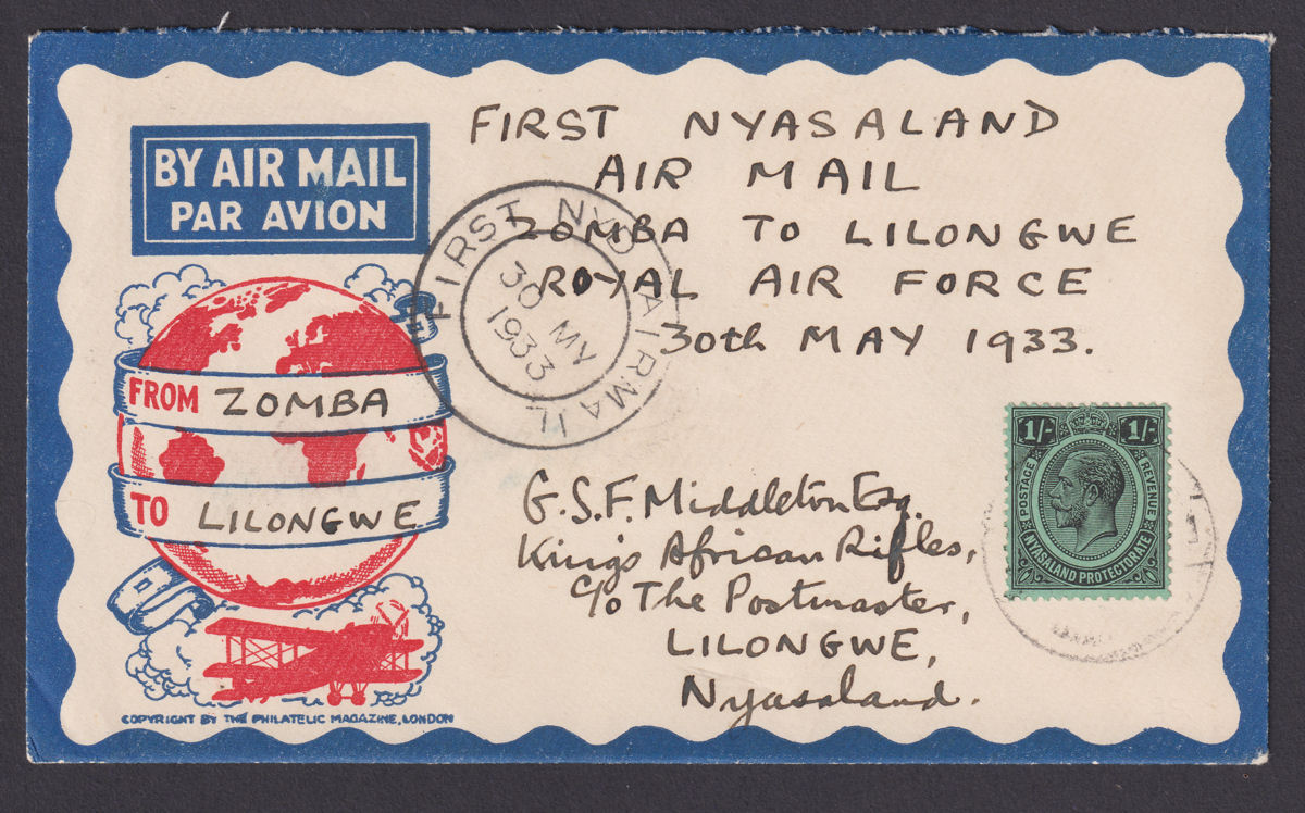 Nyasaland 1933 KGV 1sh Used on RAF First Flight Airmail Cover ZOMBA to Lilongwe