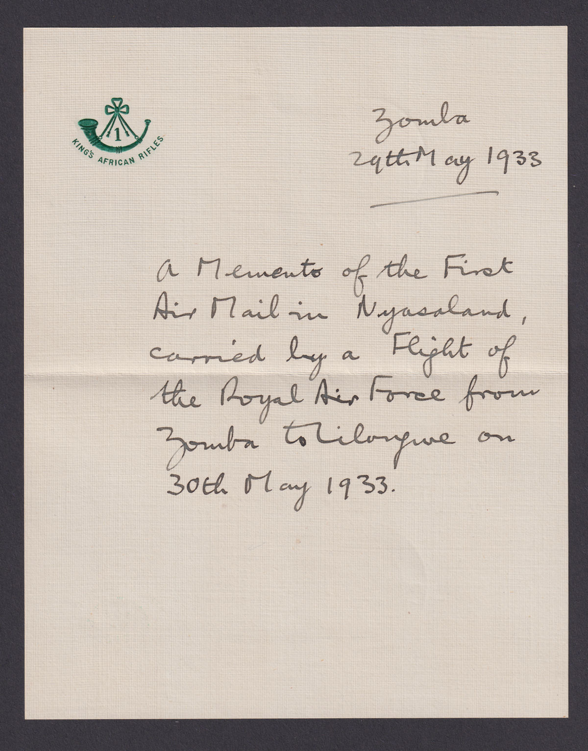 Nyasaland 1933 KGV 1sh Used on RAF First Flight Airmail Cover ZOMBA to Lilongwe