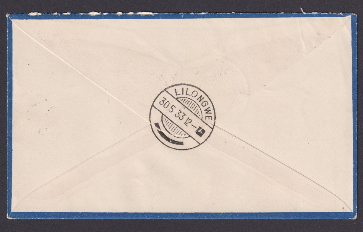 Nyasaland 1933 KGV 1sh Used on RAF First Flight Airmail Cover ZOMBA to Lilongwe