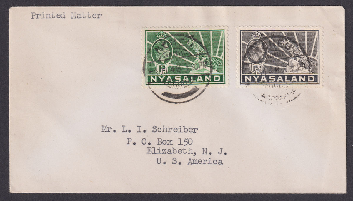 Nyasaland 1948 King George VI Leopard 1d + 1½d Used on Cover NCHEU To USA