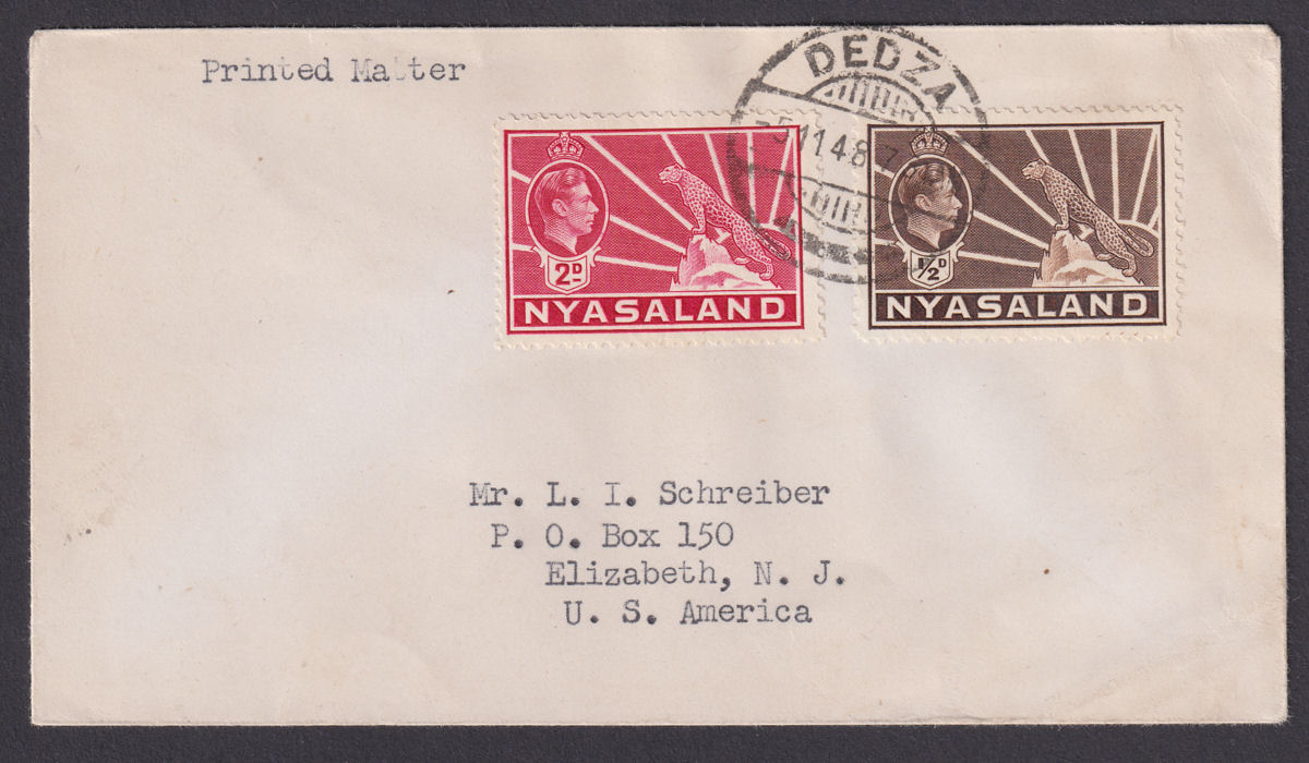 Nyasaland 1948 King George VI Leopard ½d + 2d Used on Cover DEDZA To USA