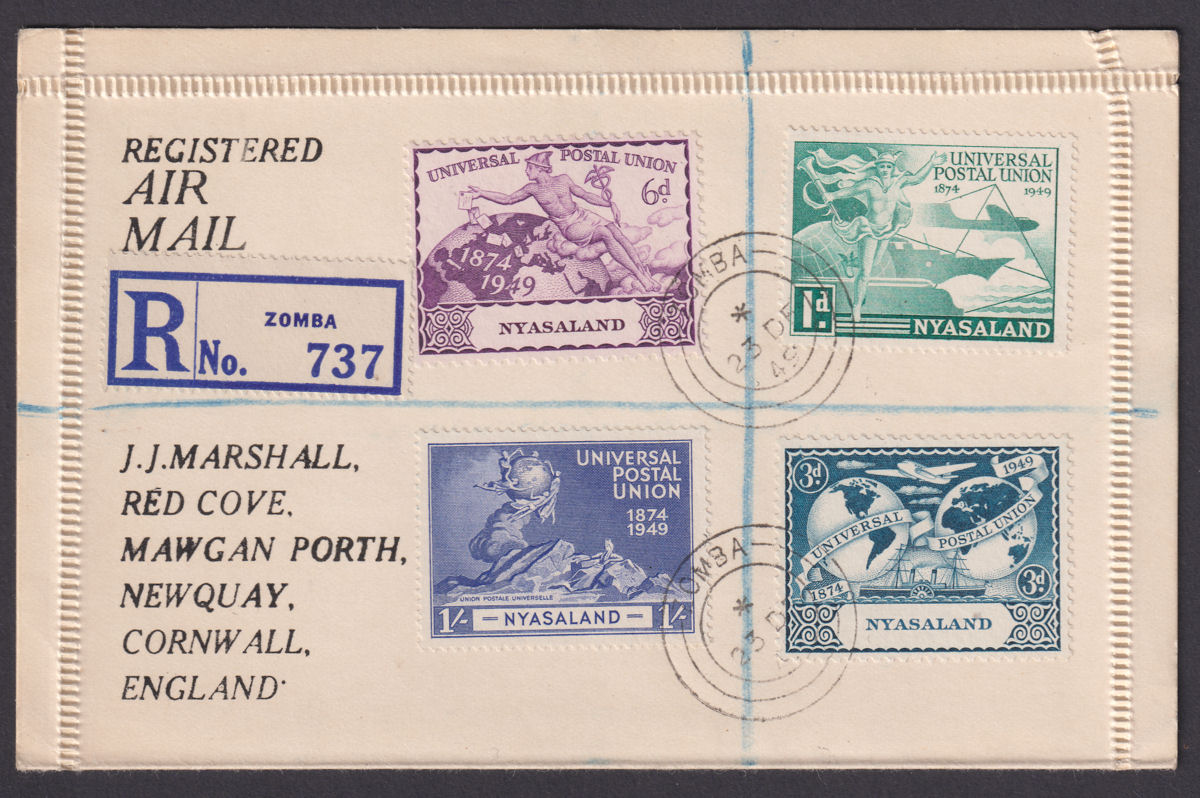 Nyasaland 1949 KGVI 75th Anniv of UPU Set Used on Regd Airmail Letter Card ZOMBA