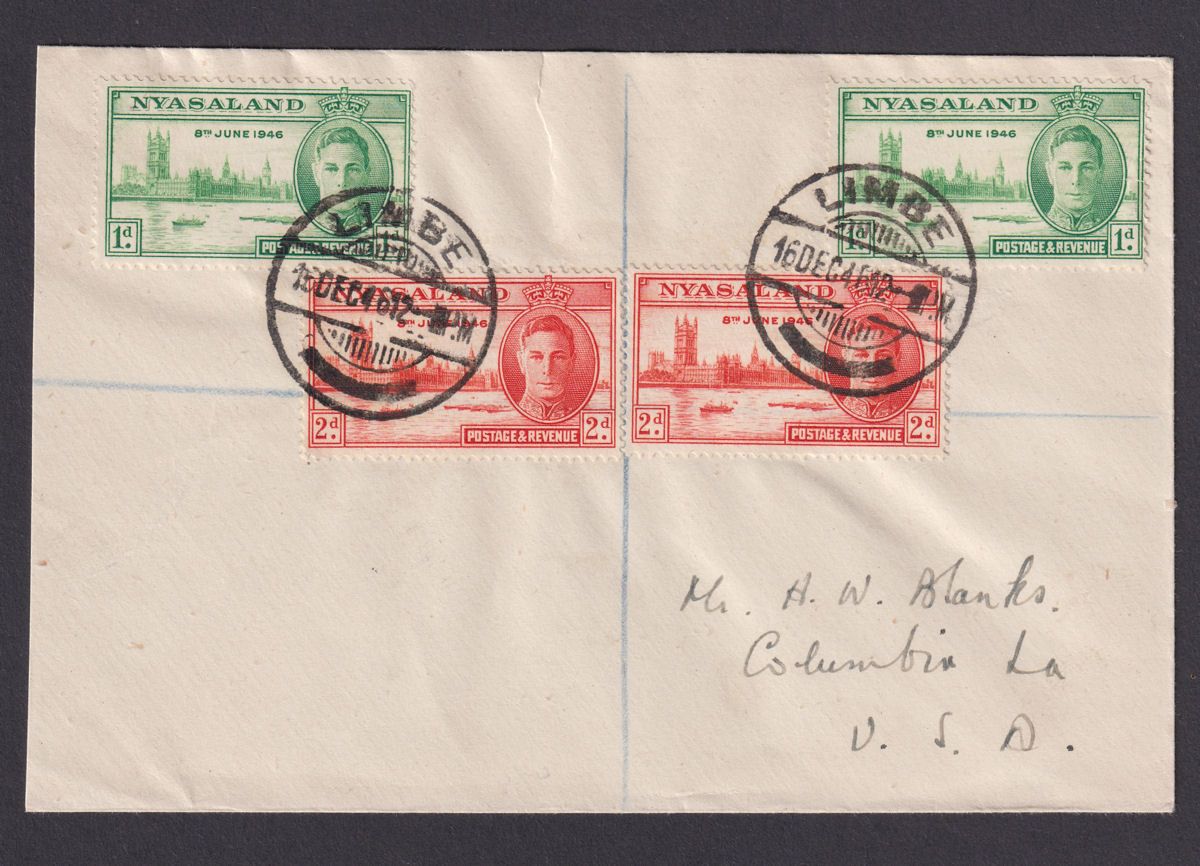 Nyasaland 1946 KGVI Victory 2d x2, 1d x2 Used on Regd First Day Cover LIMBE-USA