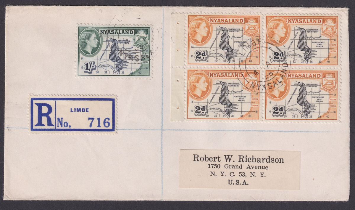Nyasaland 1955 QEII 1sh + 2d Booklet Pane Used on Registered Cover LIMBE - USA