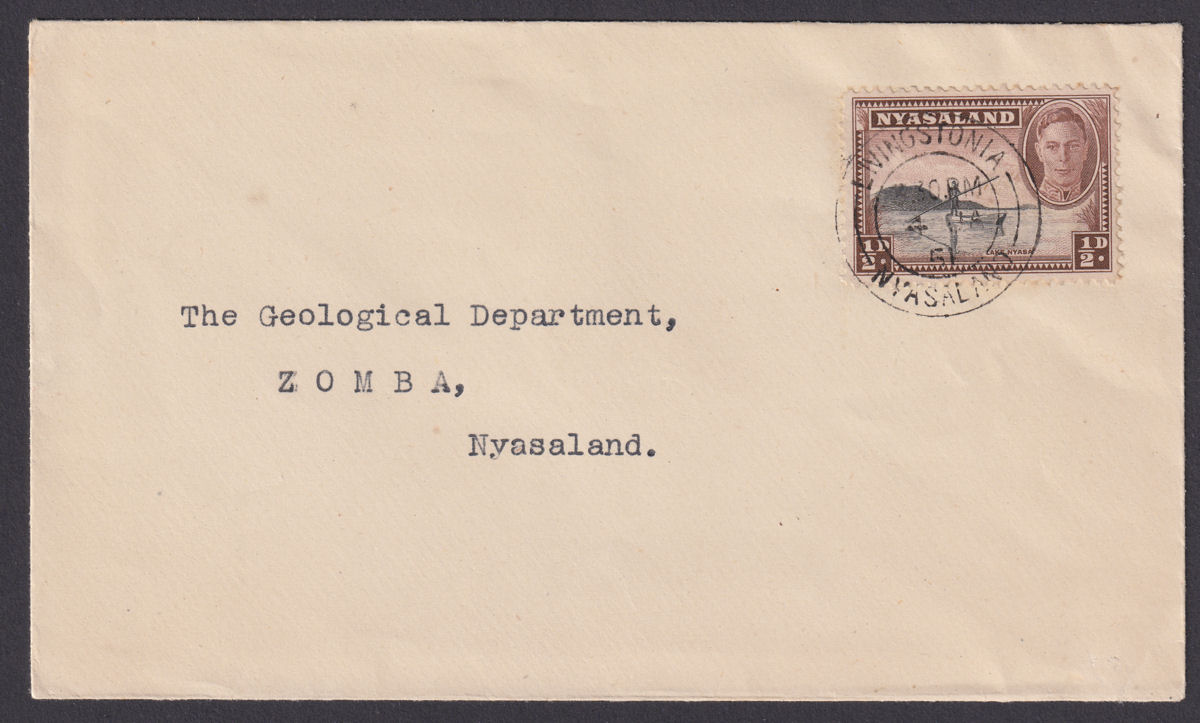 Nyasaland 1951 King George VI ½d Used on Cover LIVINGSTONIA to Zomba