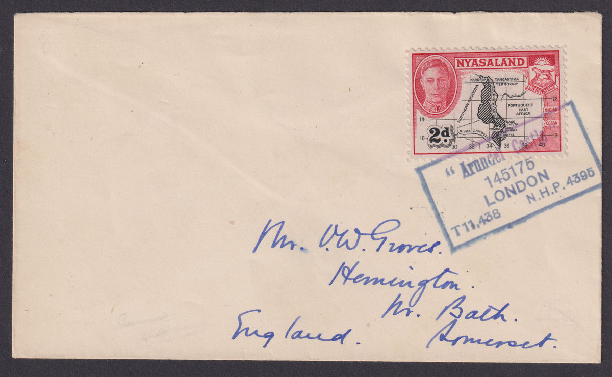 Nyasaland c1945 KGVI 2d Used on ARUNDEL CASTLE Paquebot Cover