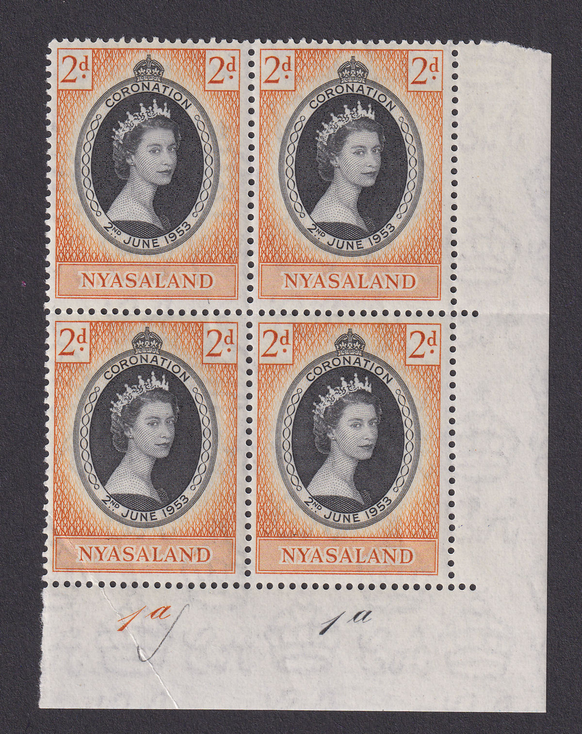 Nyasaland 1953 QEII Coronation 2d Corner Block Plate No 1a-1a Mint SG172