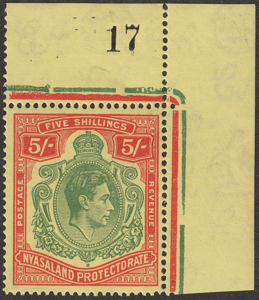 Nyasaland 1944 KGVI 5sh Green and Red Ordinary Paper Mint SG141a