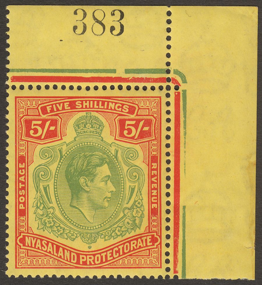 Nyasaland 1938 KGVI 5sh Pale Green and Red Chalky Paper Mint SG141