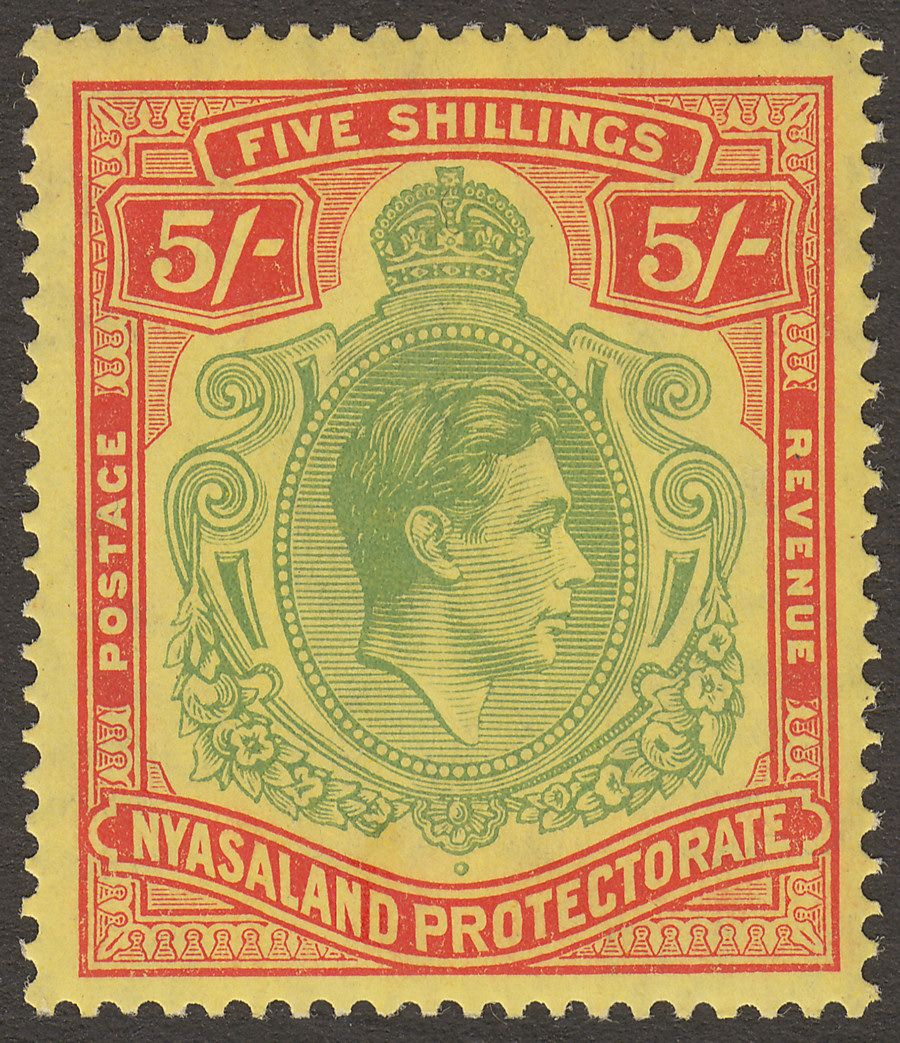 Nyasaland 1938 KGVI 5sh Pale Green and Red Chalky Paper Mint SG141