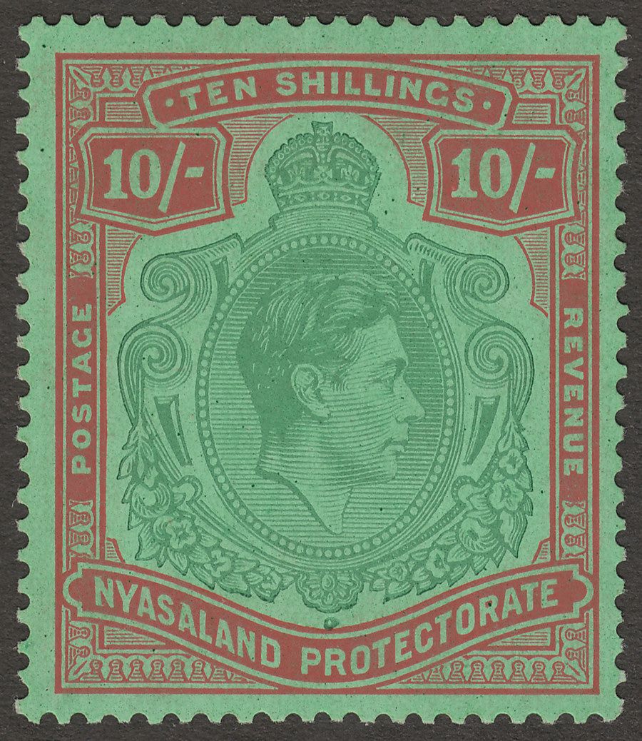 Nyasaland 1938 KGVI 10sh Bluish Green and Brown-Red on Pale Green Mint SG142a