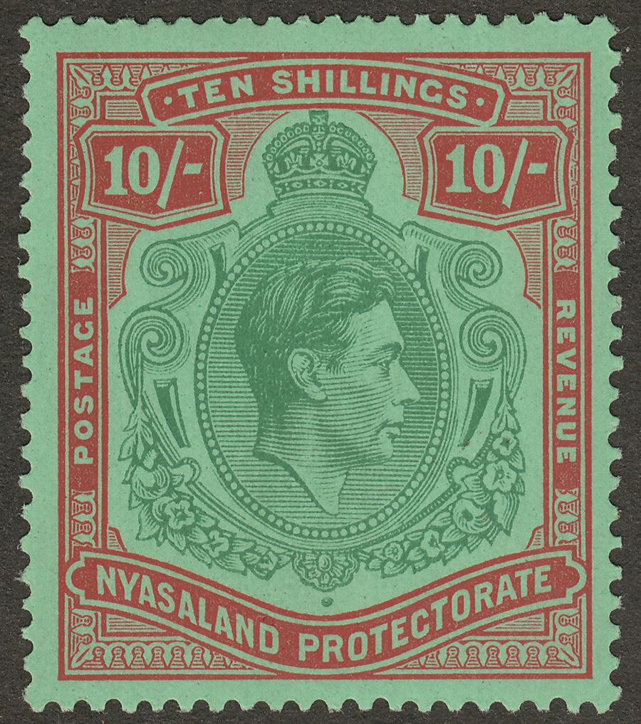 Nyasaland 1938 KGVI 10sh Emerald and Deep Red Mint SG142