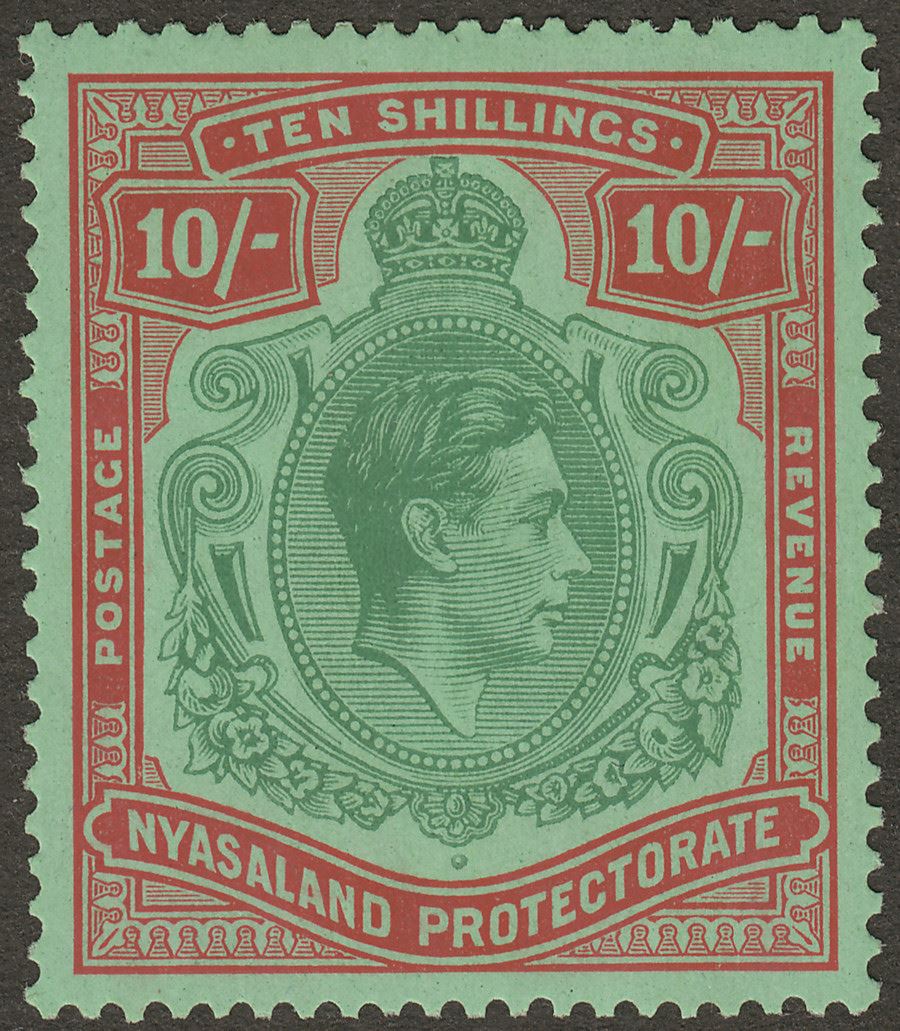 Nyasaland 1938 KGVI 10sh Emerald and Deep Red Mint SG142