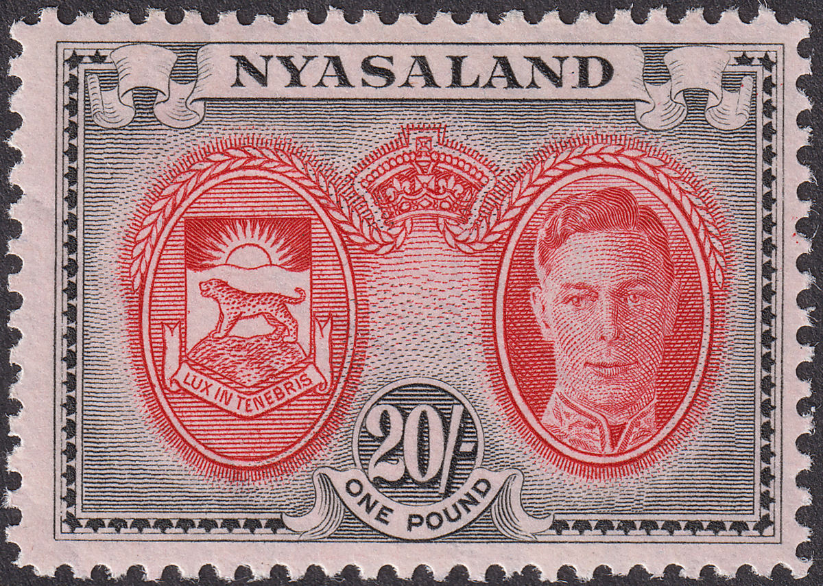 Nyasaland 1945 KGVI 20sh Scarlet and Black UM Mint SG157 cat £35 MNH
