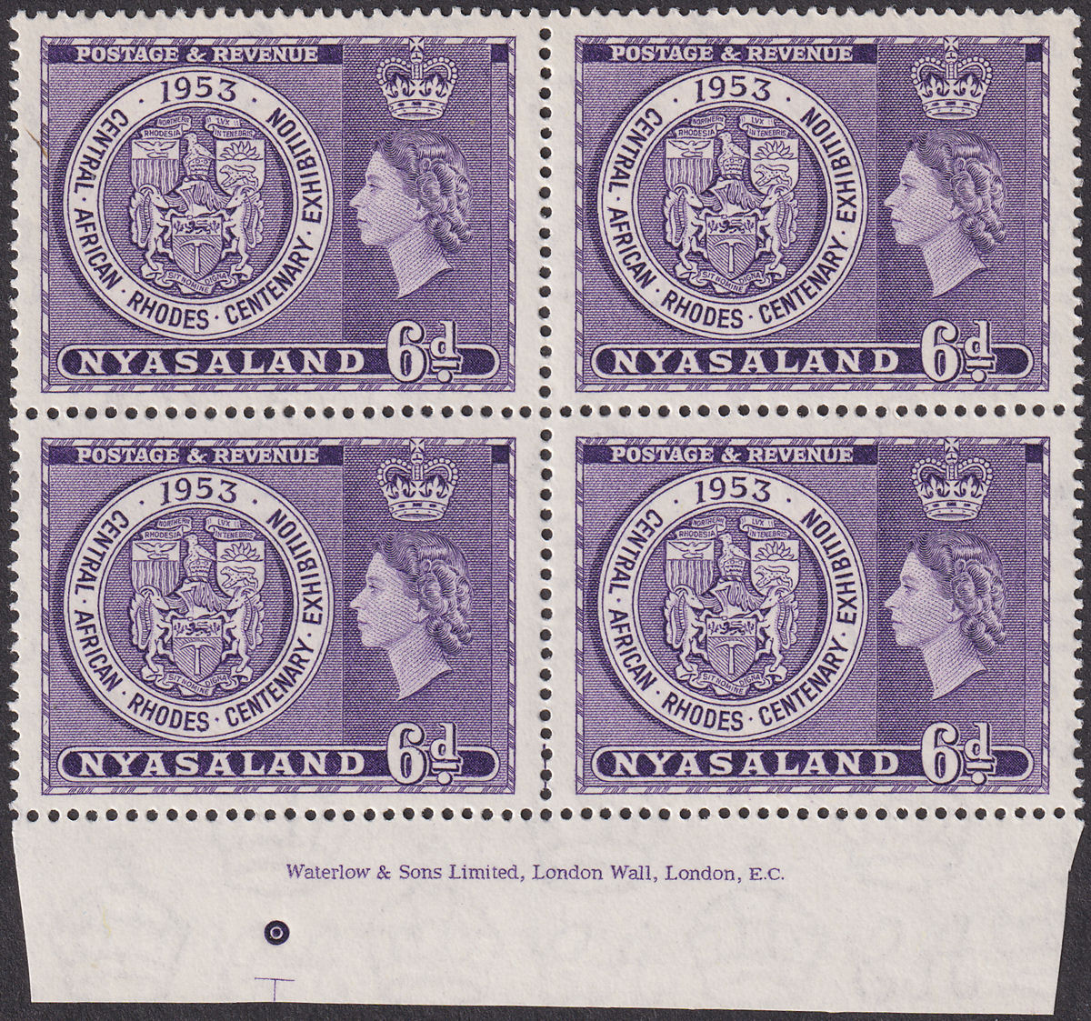 Nyasaland 1953 QEII Rhodes Centenary Exhibition 6d Imprint Block of 4 Mint SG171