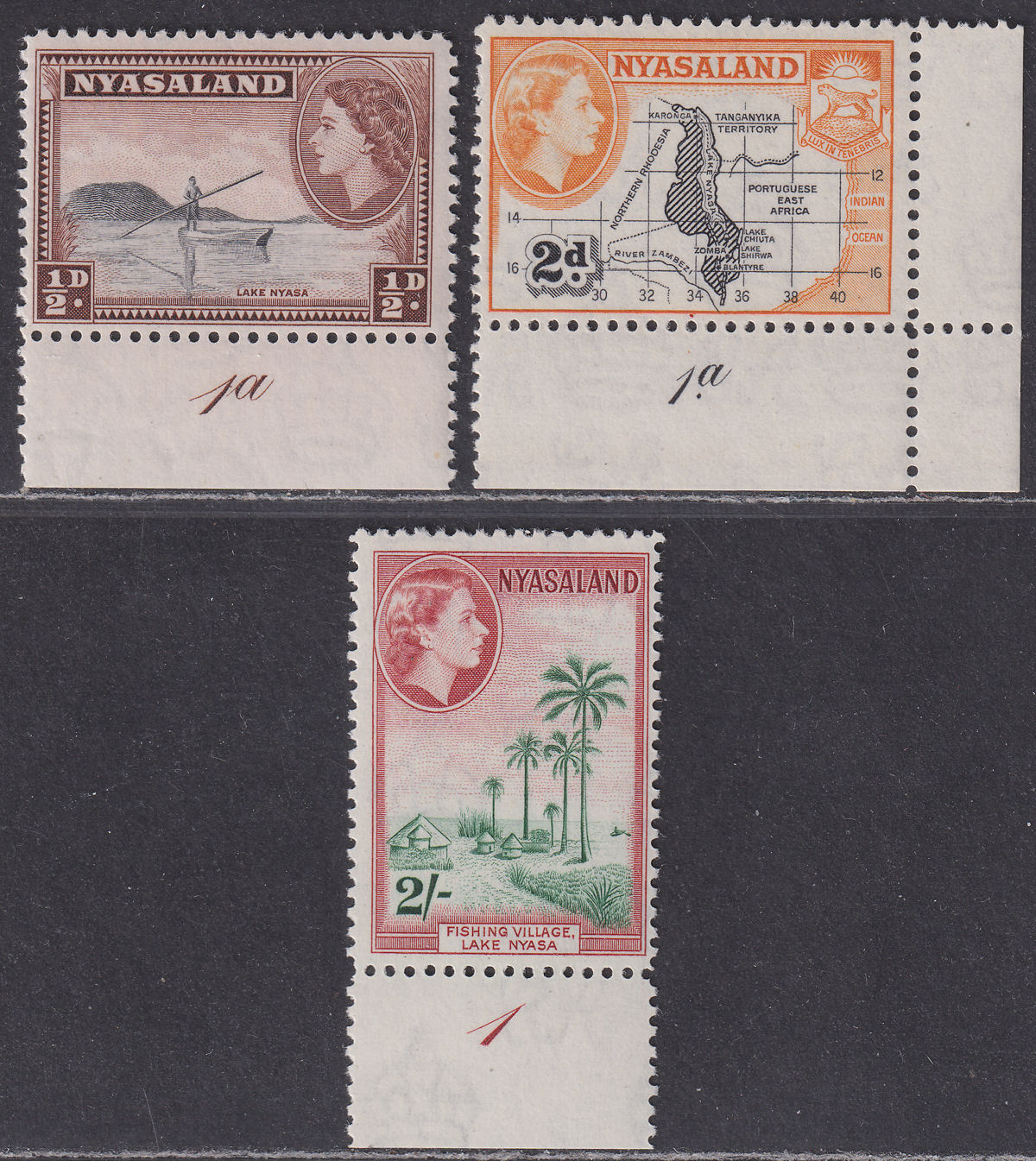 Nyasaland 1953 Queen Elizabeth II ½d, 2d, 2sh with Plate Numbers UM Mint
