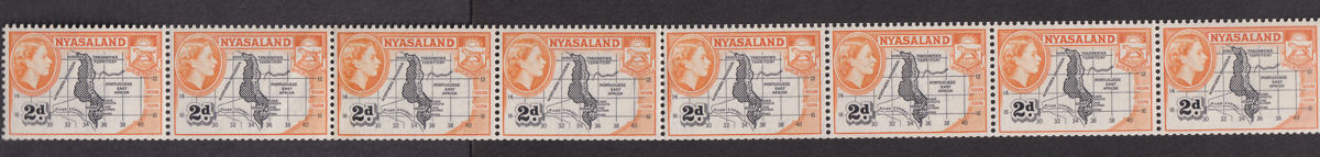 Nyasaland 1954 QEII 2d Coil Join p12x12½ Strip of 8 Mint SG176a