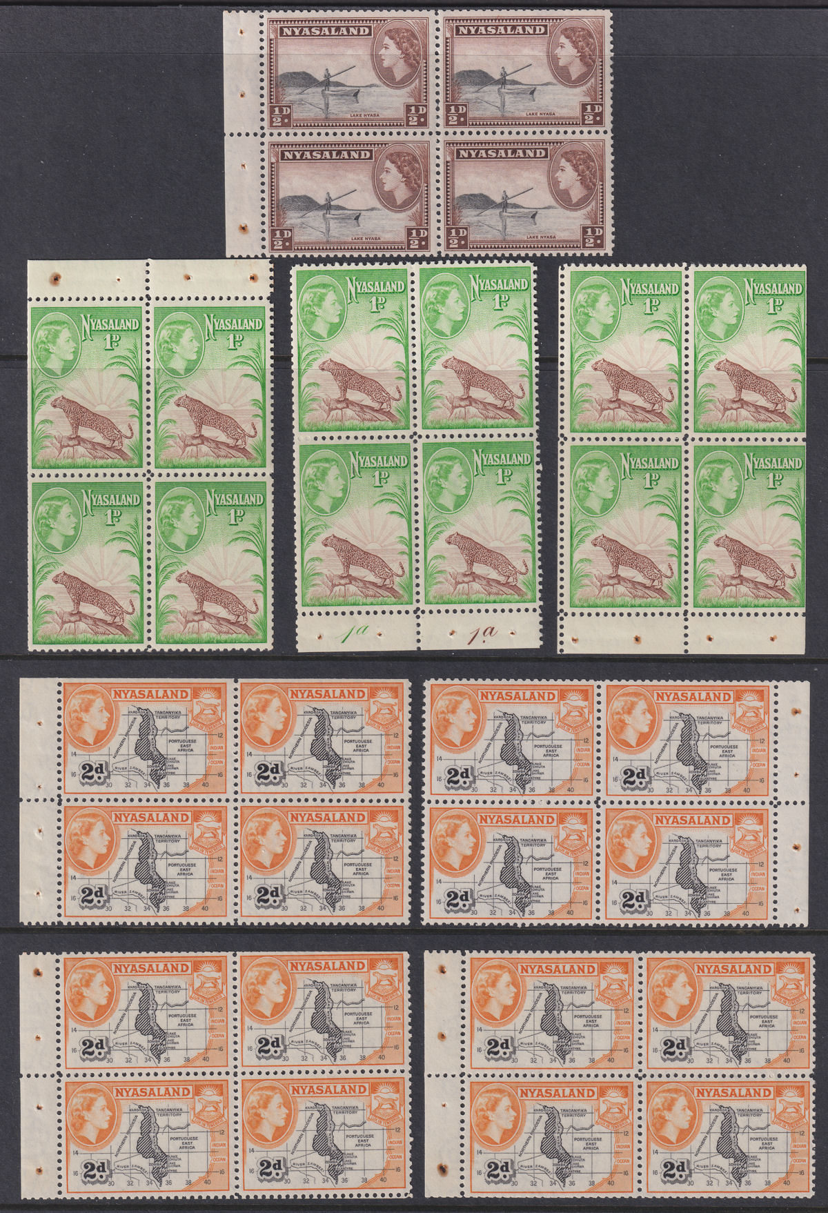 Nyasaland 1953 Queen Elizabeth II ½d, 1d, 2d Booklet Pane Blocks of 4 Mint