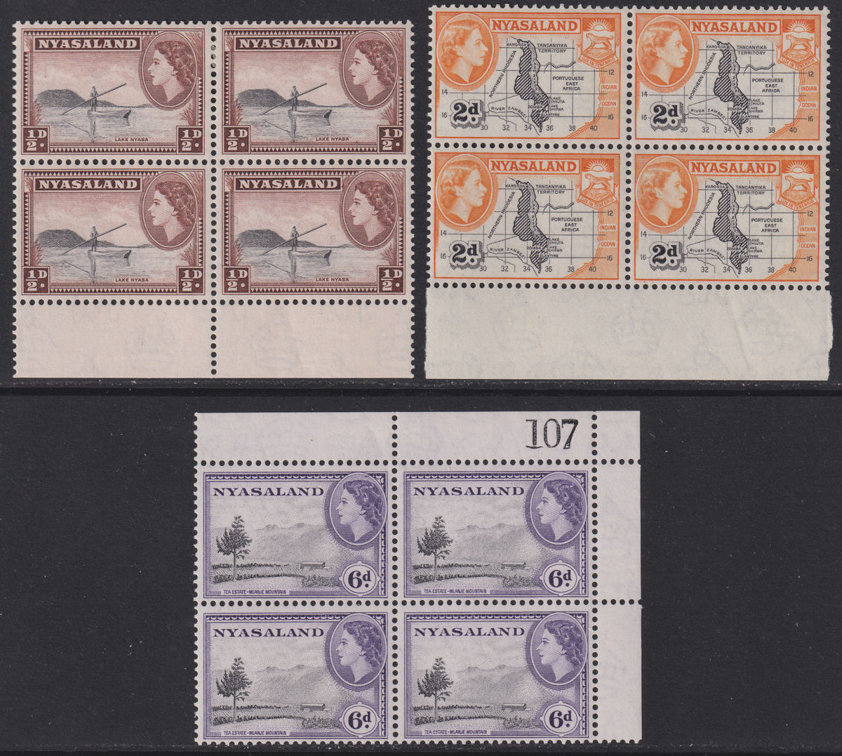Nyasaland 1954 QEII ½d, 2d, 6d p12x12½ Blocks of 4 Mint SG173a SG176a SG180a