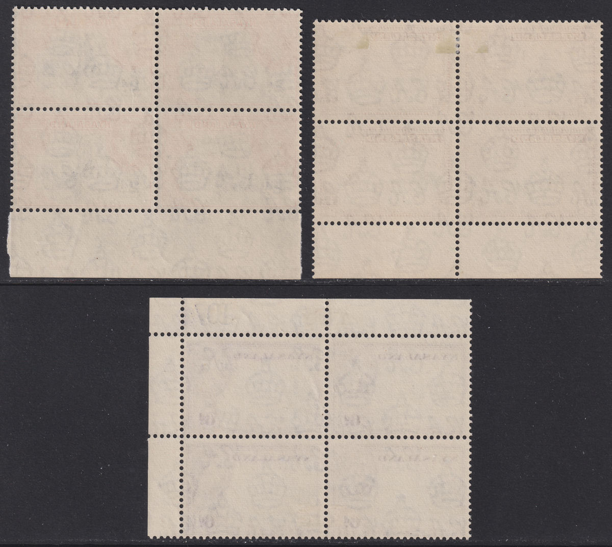 Nyasaland 1954 QEII ½d, 2d, 6d p12x12½ Blocks of 4 Mint SG173a SG176a SG180a