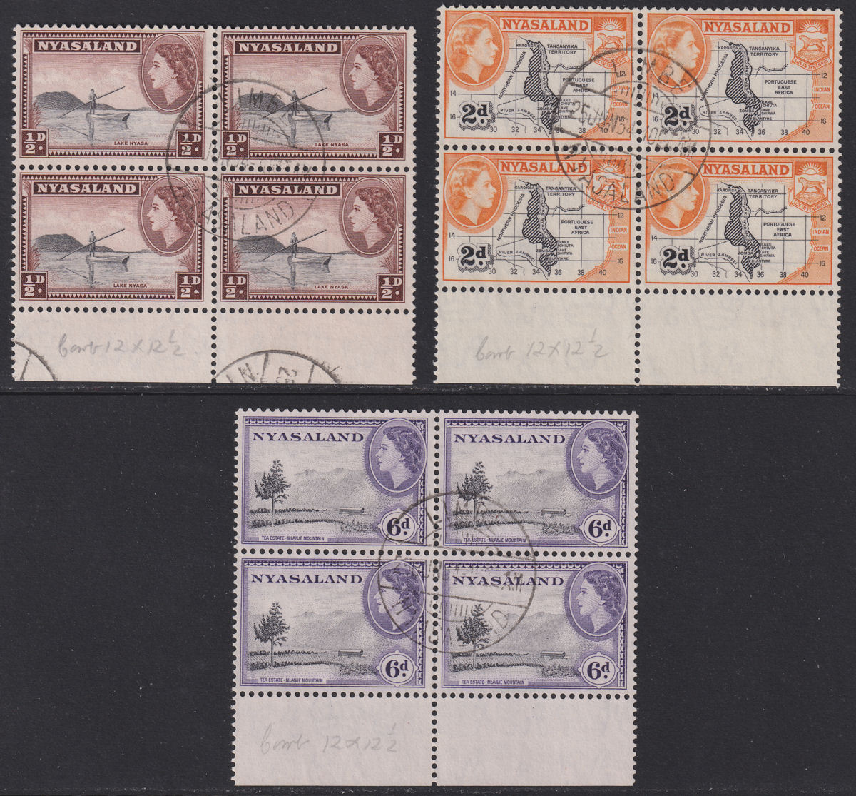 Nyasaland 1954 QEII ½d, 2d, 6d p12x12½ Blocks of 4 Used SG173a SG176a SG180a