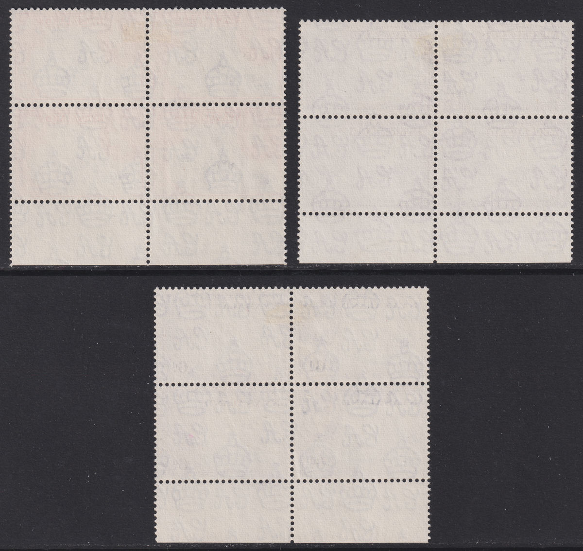 Nyasaland 1954 QEII ½d, 2d, 6d p12x12½ Blocks of 4 Used SG173a SG176a SG180a