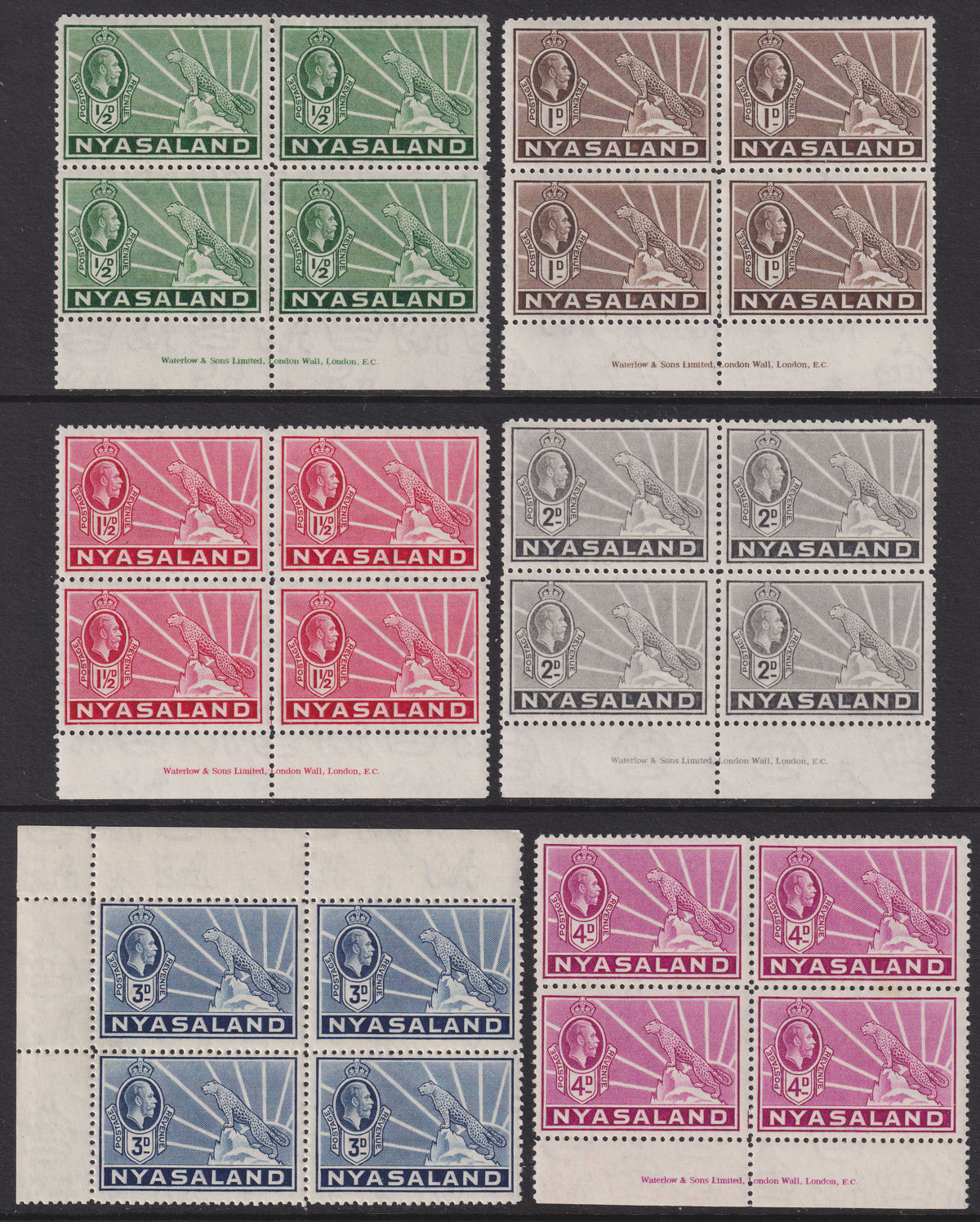 Nyasaland 1934-35 KGV Leopard Block Set to 4d Mint SG114-119 mostly Imprints