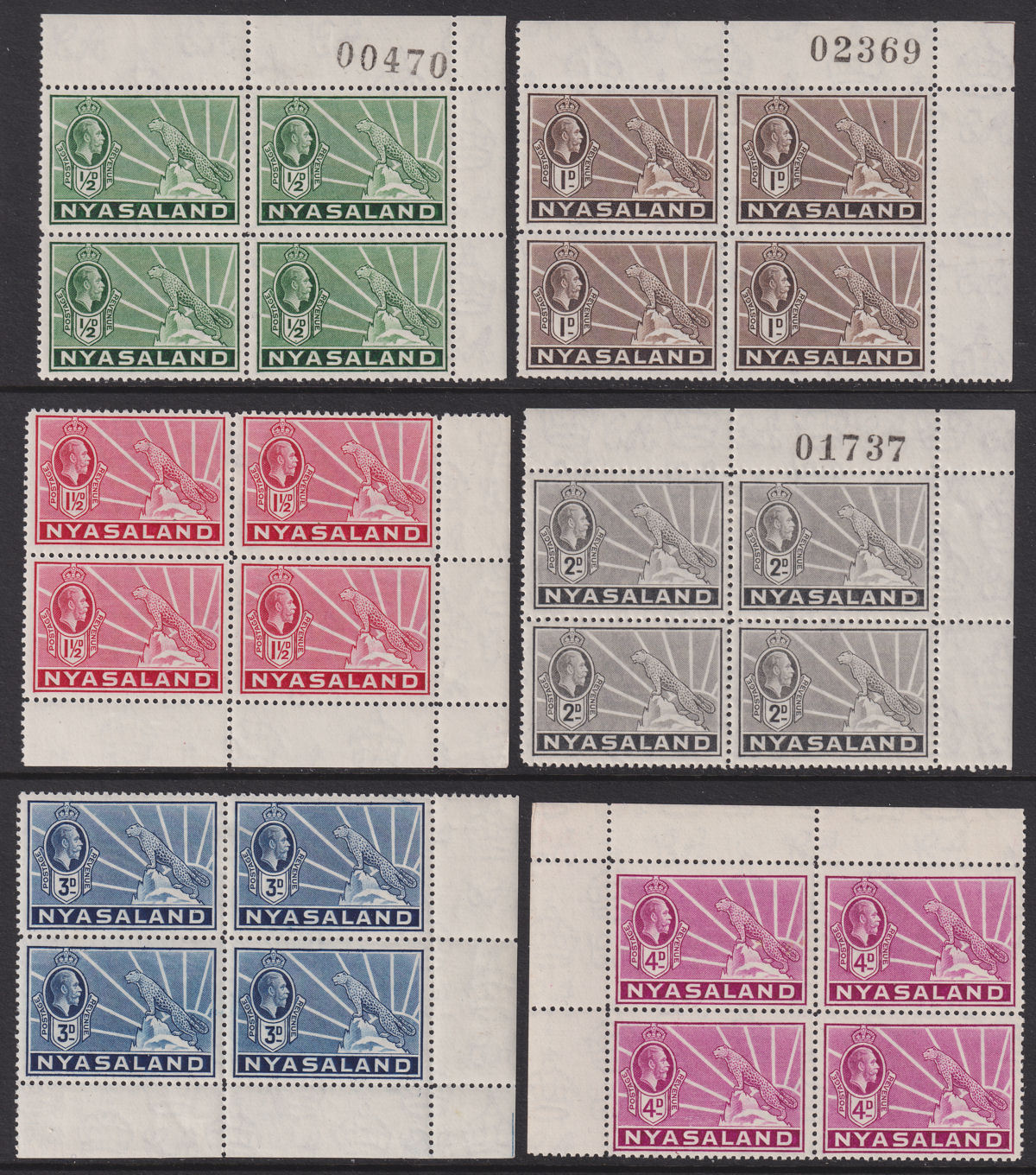 Nyasaland 1934-35 KGV Leopard Block Set Mint SG114-122 cat £200 Sheet Numbers