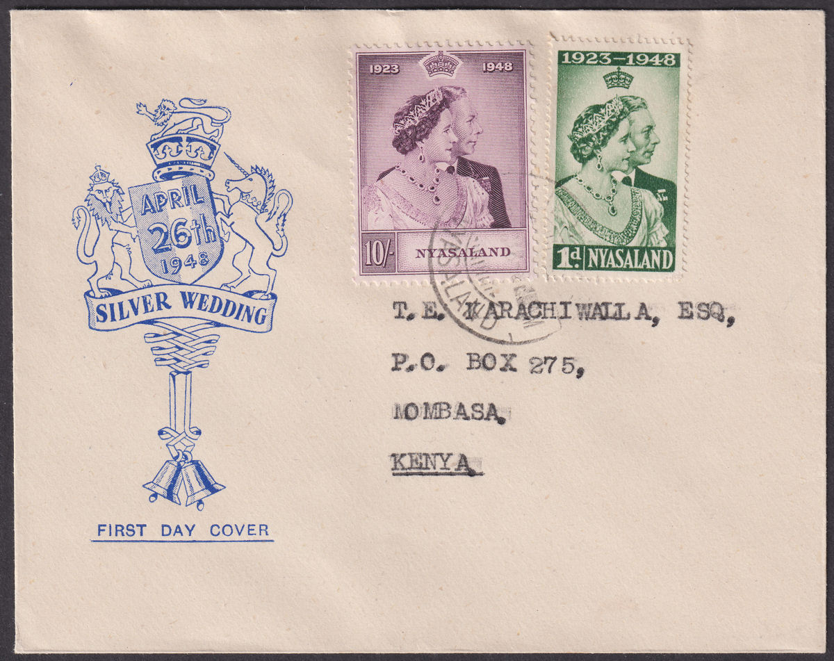 Nyasaland 1948 KGVI Royal Silver Wedding RSW 1d + 10sh First Day Cover