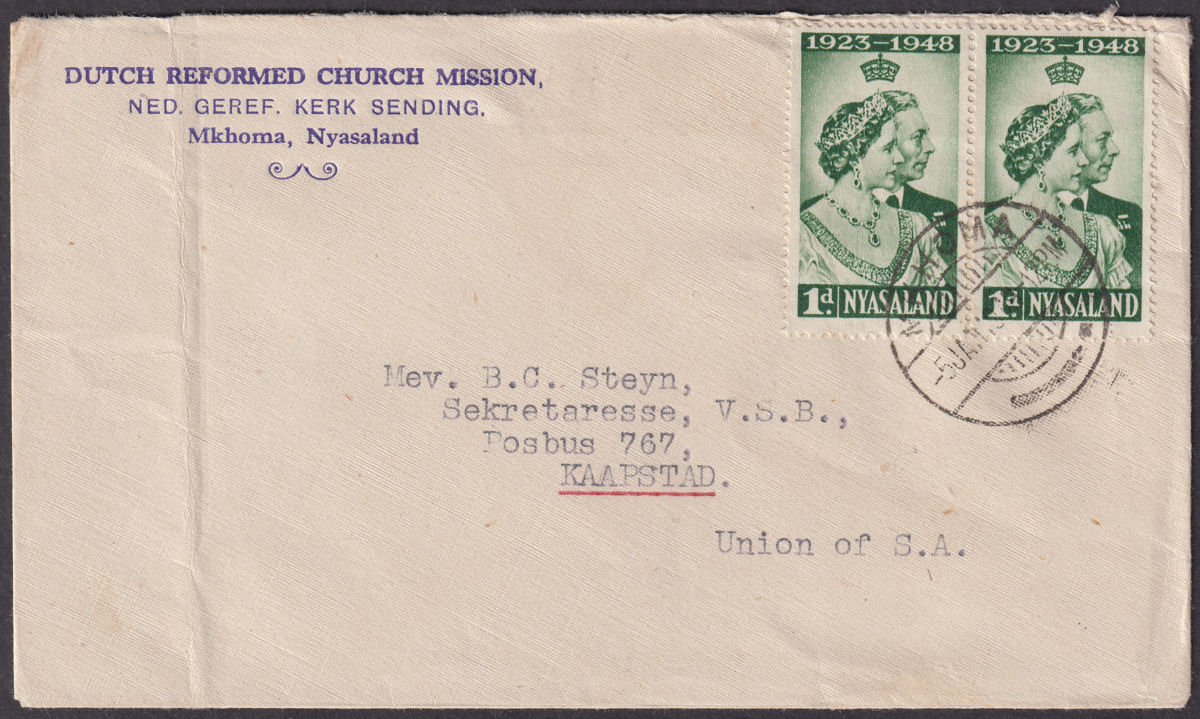 Nyasaland 1949 KGVI RSW 1d x2 Dutch Church Mission Cover Used MKHOMA - Cape Town
