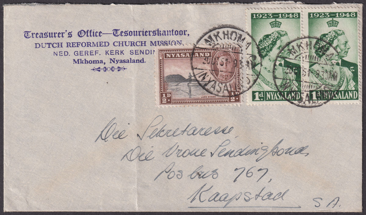 Nyasaland 1951 KGVI 1d x2, ½d Dutch Church Mission Cover MKHOMA to Cape Town