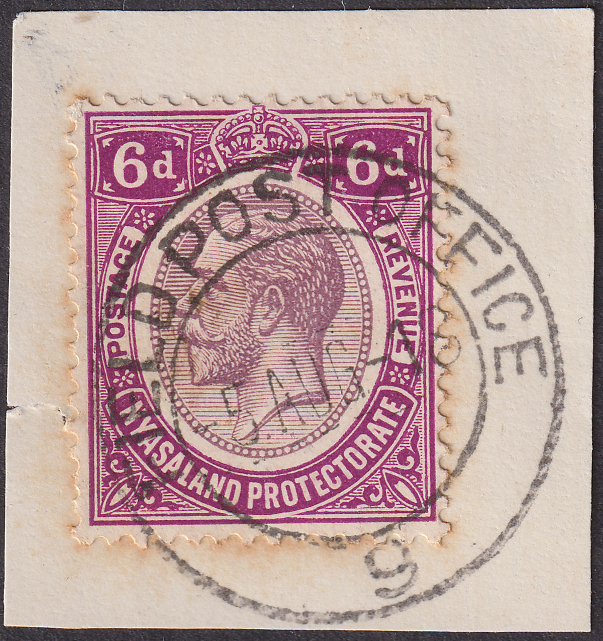 Nyasaland 1918 KGV 6d Used on Piece with FIELD POST OFFICE 9 Postmark