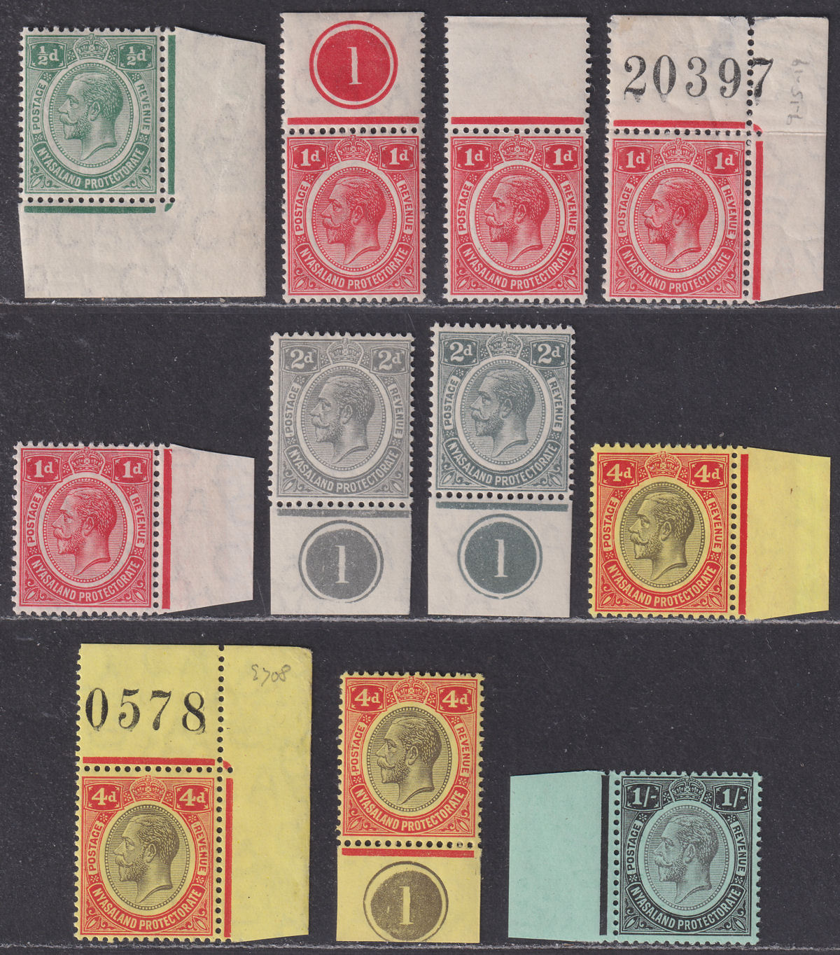 Nyasaland 1913-21 King George V Part Set to 1sh Mint inc plate / sheet numbers