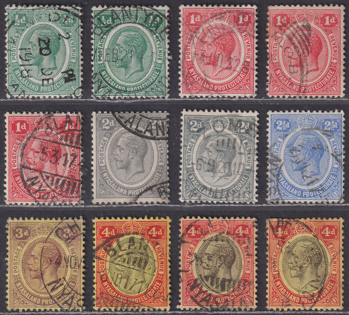 Nyasaland 1913-21 King George V Set to 4d with shades Used SG83-91